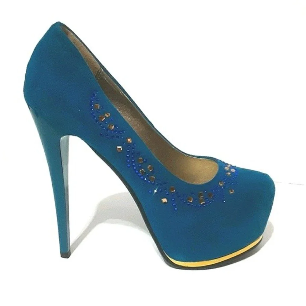 Memorata Celine Sapphire Blue Bejeweled Ultra High Stiletto Platform Heels US 6